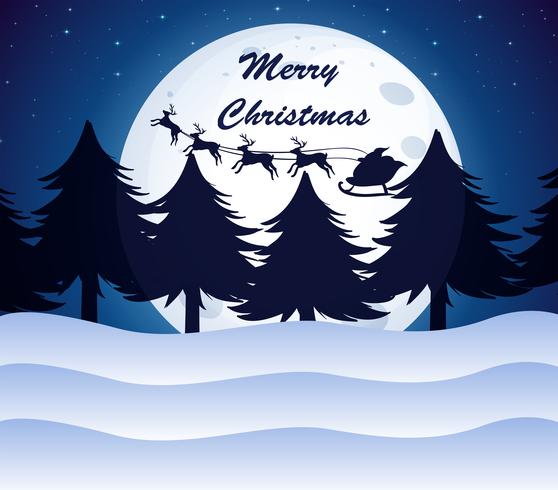 A christmas template with a moon, pine trees and reindeers on a sleigh vector