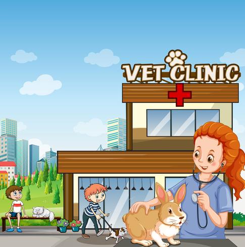 Clínica veterinaria con mascotas y veterinaria. vector