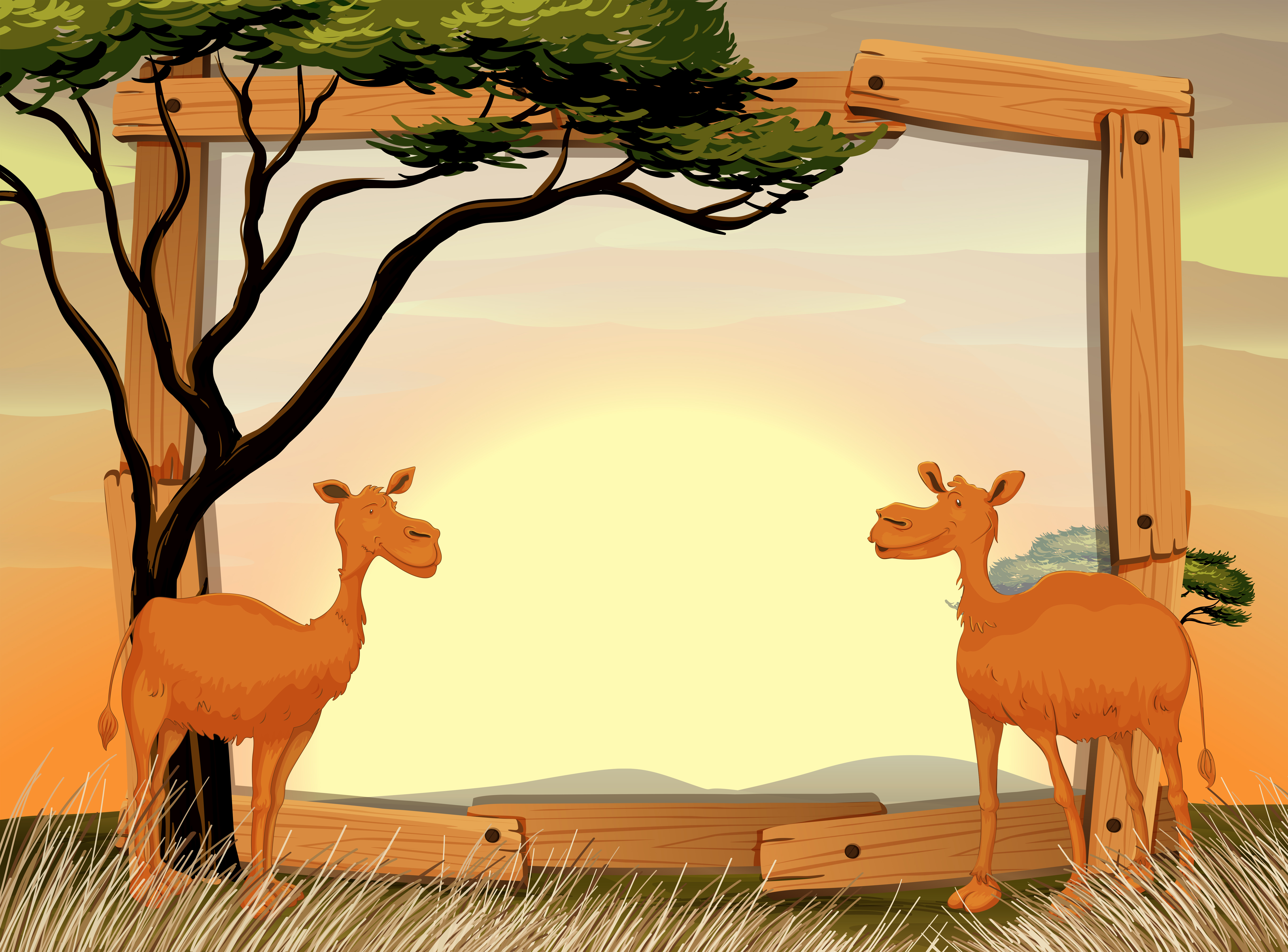 Border design with two camels on the field - Download Free Vectors