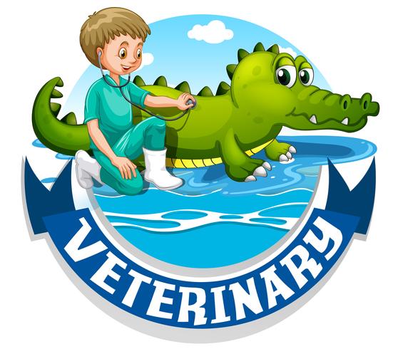 Signo veterinario con veterinario y cocodrilo. vector