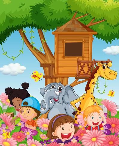 Children and animals in the garden