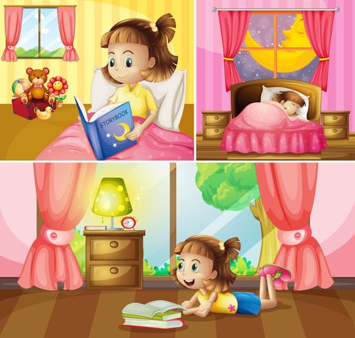 Girl doing different activities at home vector