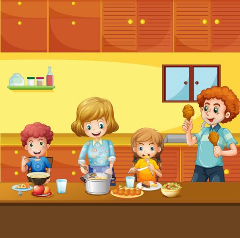 Familia, teniendo, comida, en, cocina vector