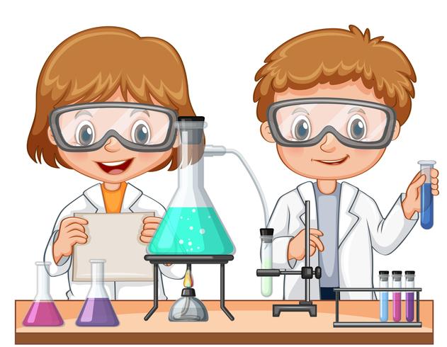 Dos niños haciendo un experimento científico en clase. vector