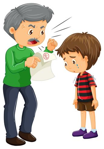 Padre enojado y niño con malas notas sobre papel. vector