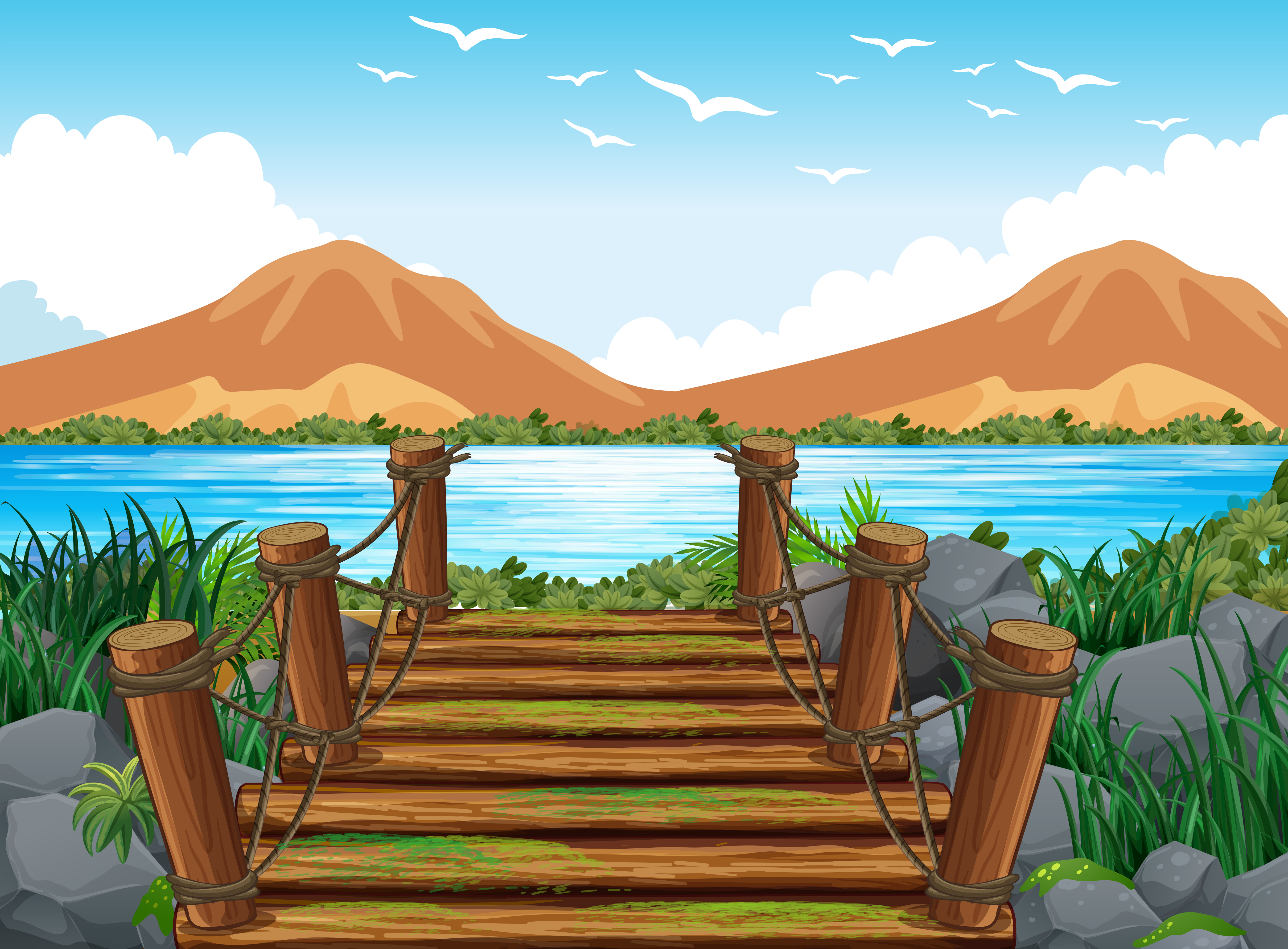 Background scene with wooden bridge to the lake 368212 Vector Art at