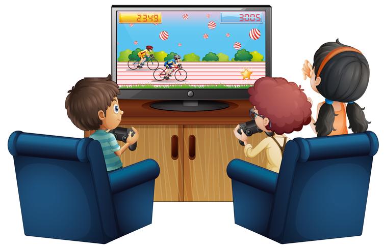 Three kids playing game at home vector