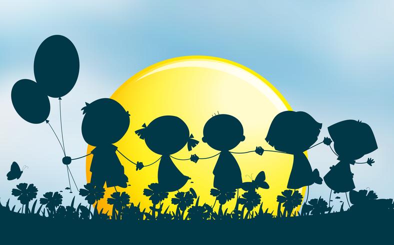 Silhouette children holding hands in park vector