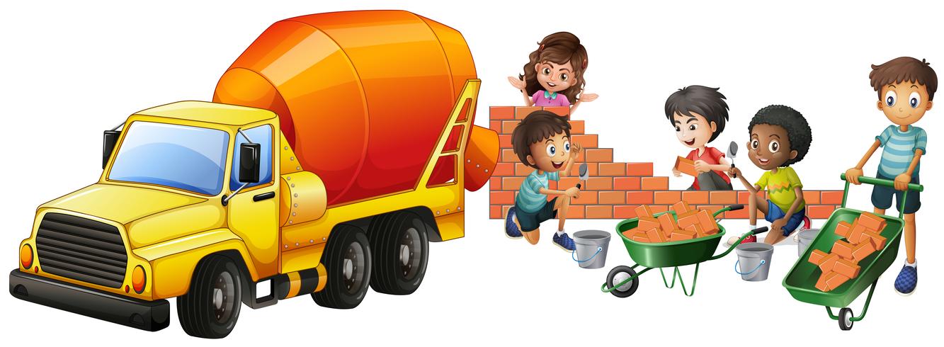 Cement mixer truck and kids laying bricks vector