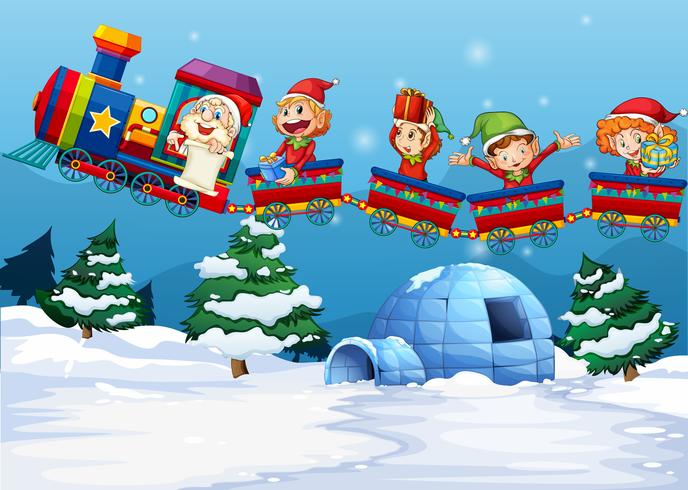 Santa and elf riding on train  vector