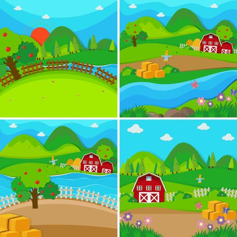 Cuatro escenas de granja con graneros y manzanos. vector