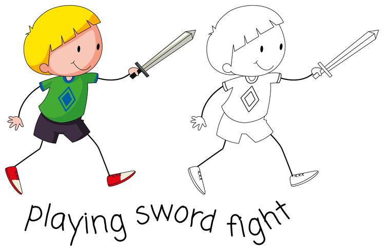 Doodle boy playing sword fight vector