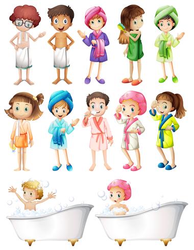 Niños felices en bata de baño vector