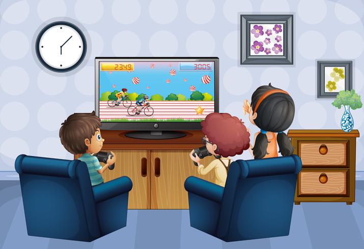 Three kids playing game at home vector