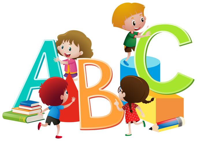 Niños con bloques de alfabetos ingleses vector