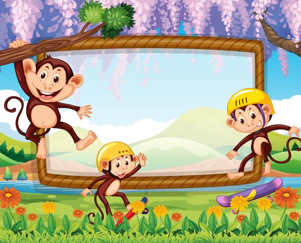 Border design with three monkeys in the park vector