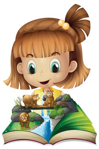 Girl reading book of grizzly bears in jungle vector