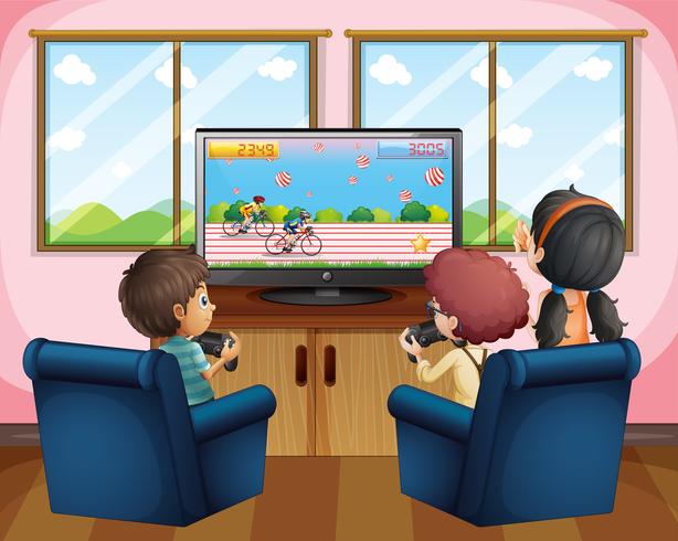 Tres niños jugando juegos de computadora en casa vector
