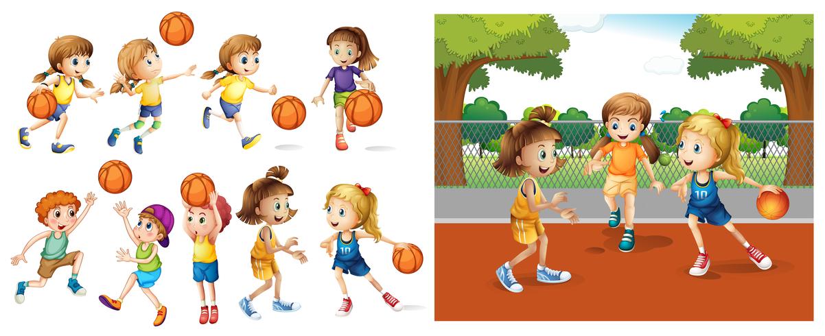 Niñas y niños jugando al baloncesto vector