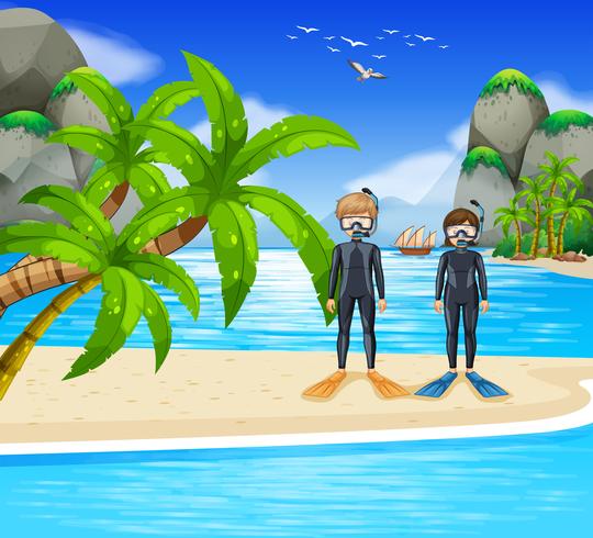 Two divers at the seaside vector