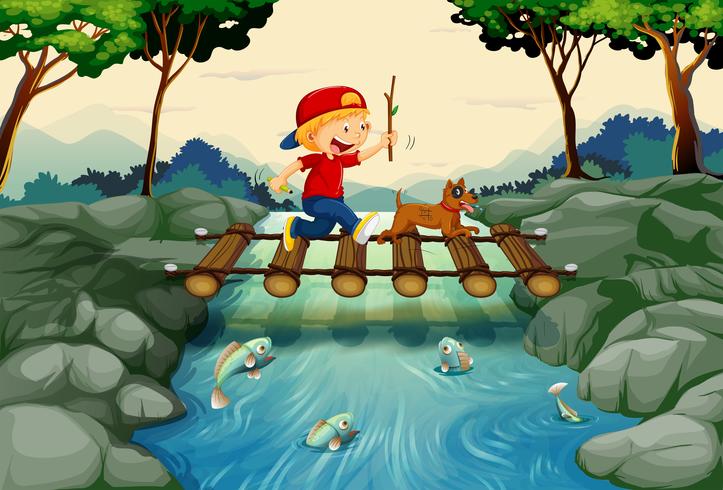 Boy and dog crossing the bridge vector