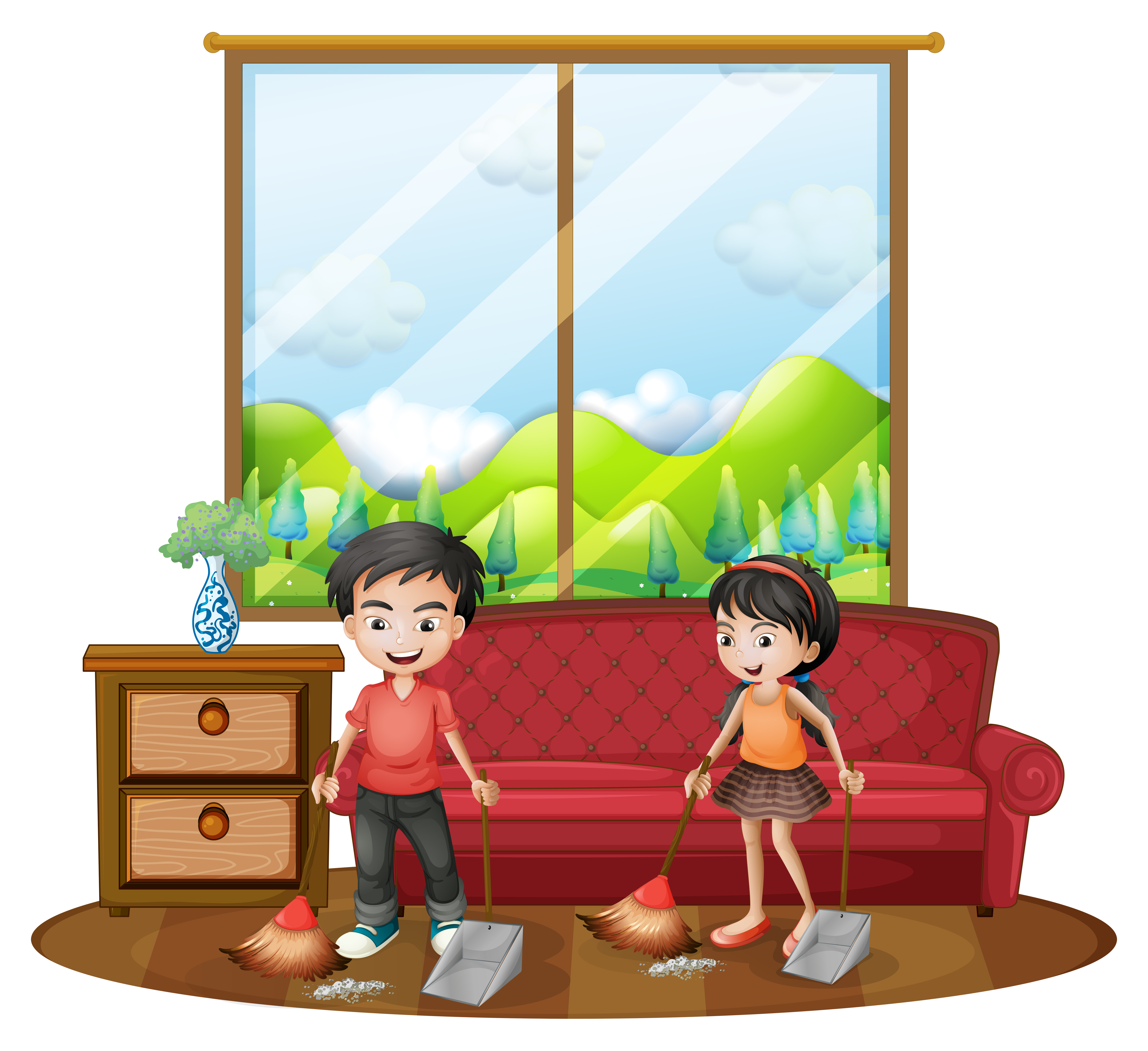 Two Kids Sweeping The Floor Download Free Vectors Clipart