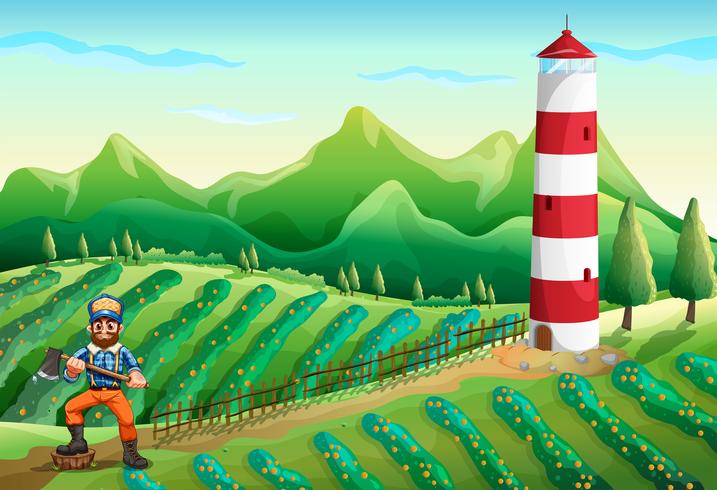 Una granja con una torre y un leñador. vector