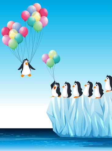 Pingüinos sobre hielo y volando con globos. vector