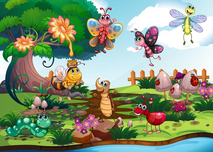 Mariposas e insectos en el jardín vector