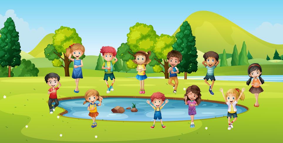 Boys and girls standing round the pond vector