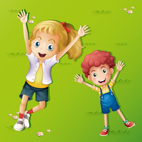 Two kids lying on the grass vector