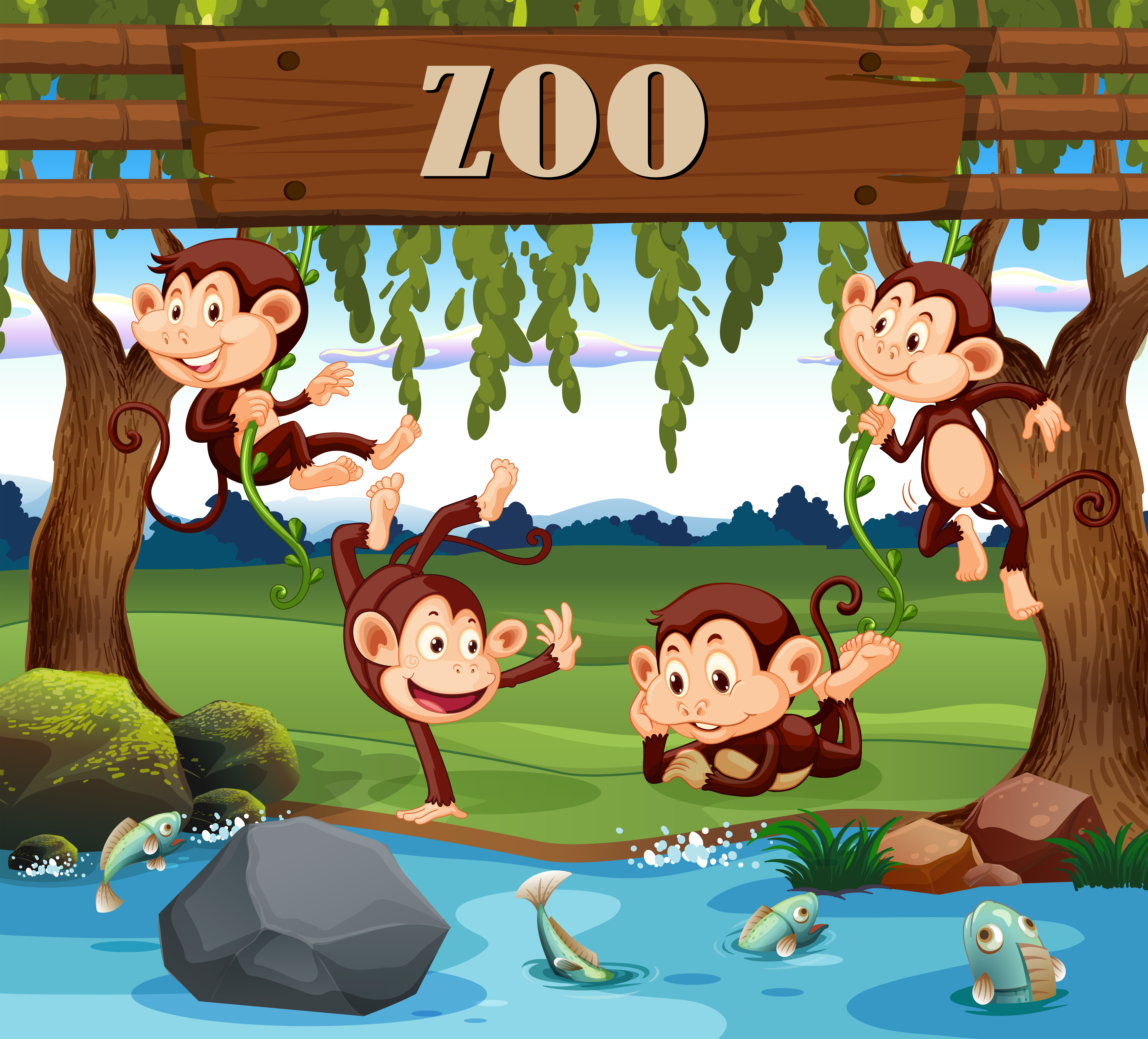 A monkey family in the zoo 368643 Vector Art at Vecteezy