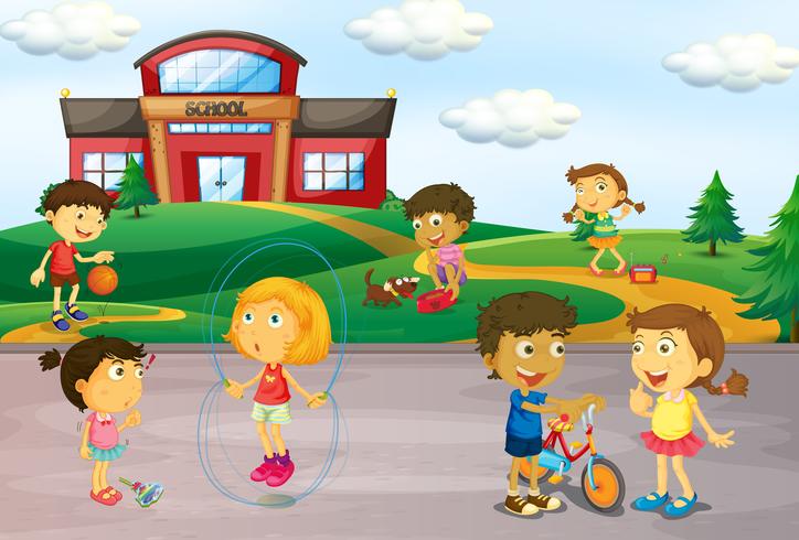 Niños jugando frente a la escuela. - Descargar Vectores Gratis ...