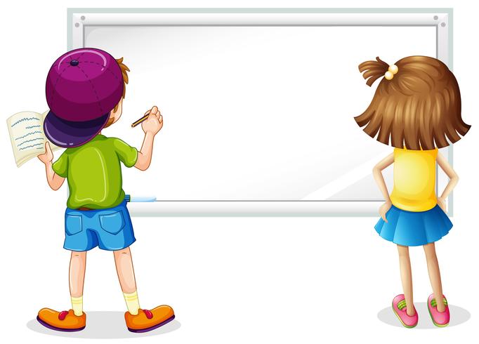 Whiteboard with boy and girl writing vector