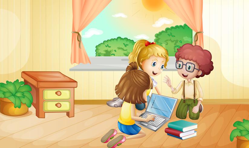 Three kids working on computer in room vector