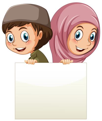 Muslim girl and boy holding blank paper vector