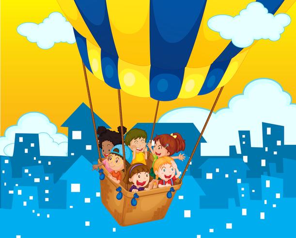 Children riding on balloon in the city vector