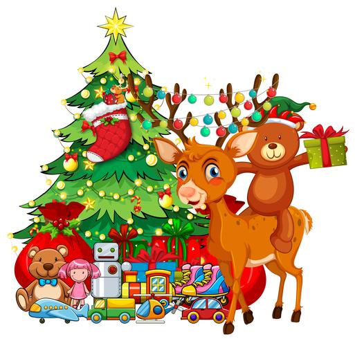 Christmas theme with reindeer and christmas tree vector