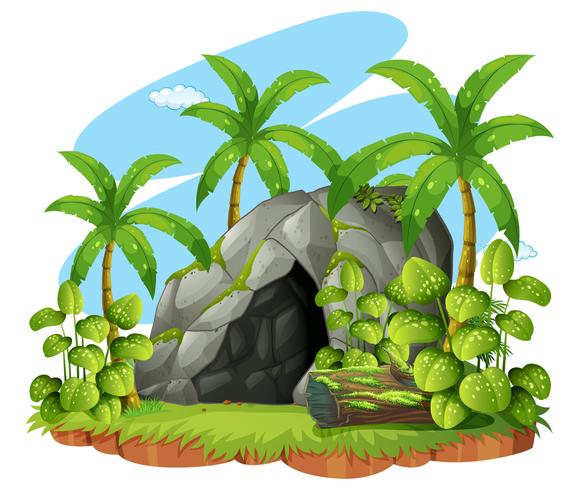 Escena de fondo con cueva en el bosque vector