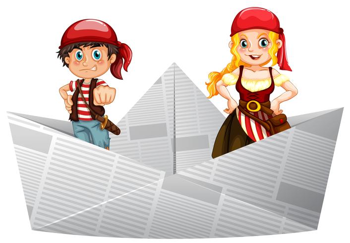 Pirate crews standing on paper boat vector