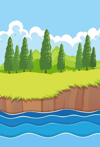 Un paisaje de río de naturaleza plana. vector