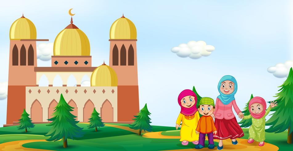 Muslim family in front of mosque vector