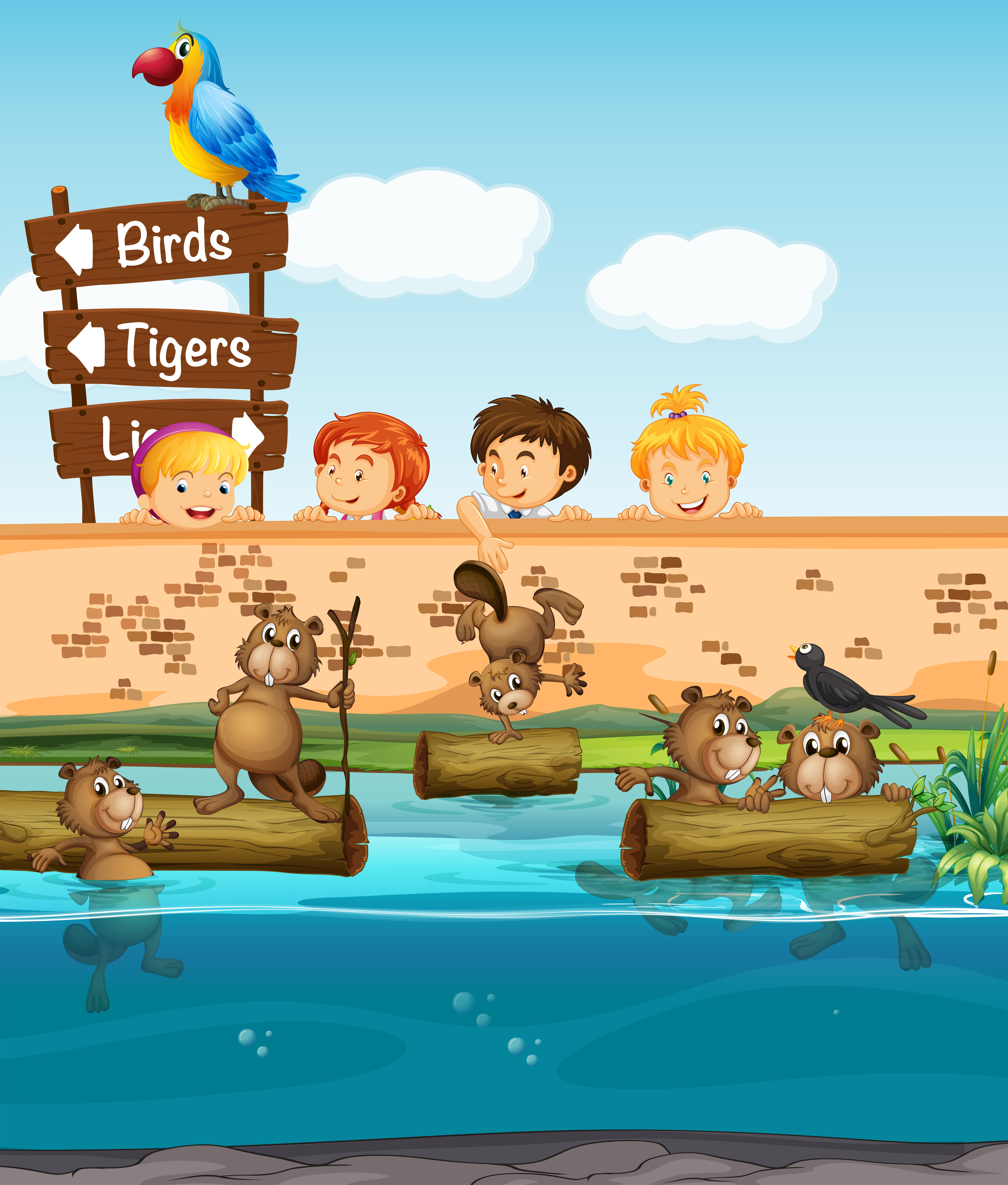 Children looking at beavers in the zoo 368713 - Download Free Vectors