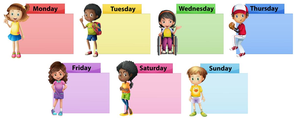 Seven days of the week note template with kids vector