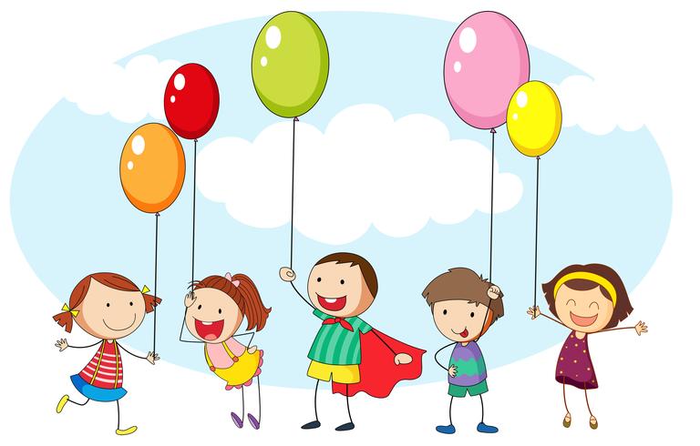Niños y muchos globos de colores. vector