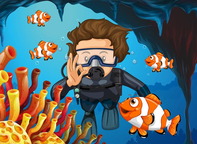 Scuba diver diving underwater with clownfish vector