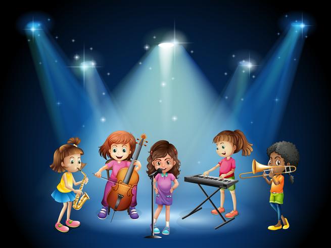 Niños tocando música en concierto vector