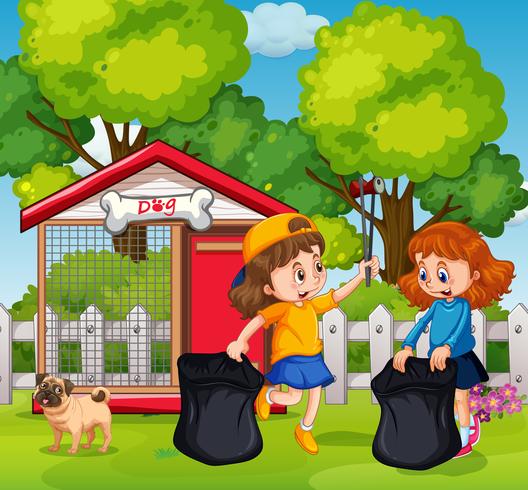Happy Girls Collecting Trash at Garden vector