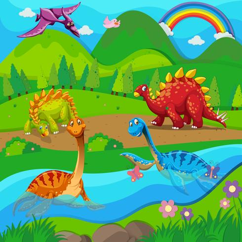 Escena de fondo con dinosaurios junto al rio. vector