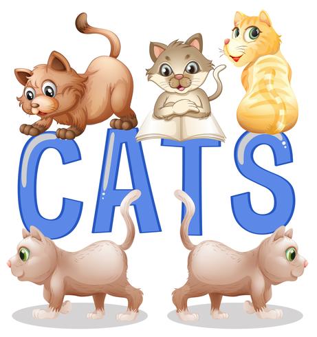 Diseño de fuente con gatos de la palabra con muchos gatitos en el fondo vector